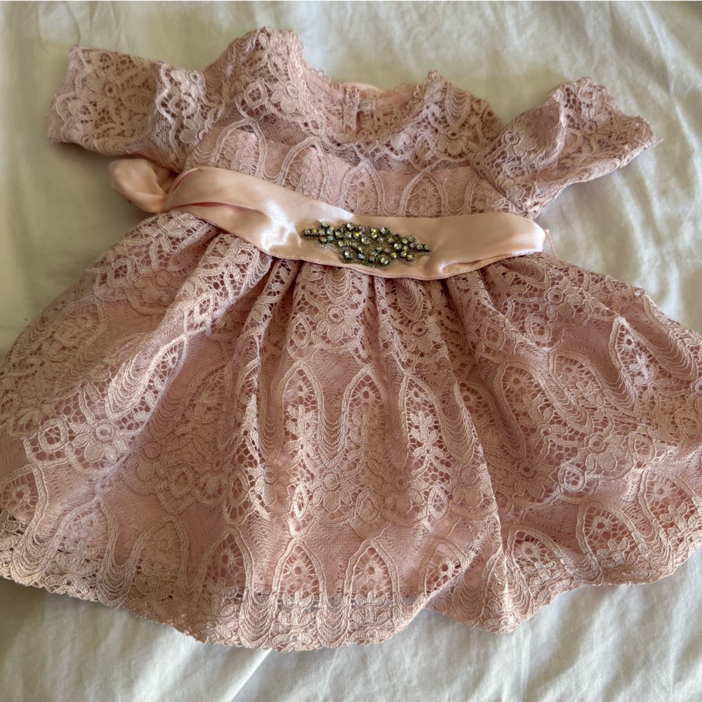 Blush Pink Lace Party Dress with Satin Sash and Rhinestone Accent